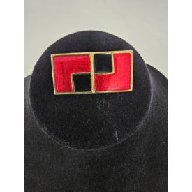 Vintage 1980's Red and Black Enamel Geometric Goldtone Pin Brooch