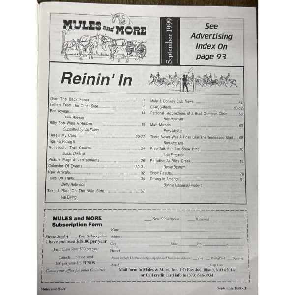 Mules and More - Sept. 1999 Vol. 9 Issue 11 (Back Issue Magazine)