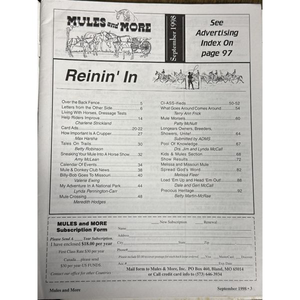 Mules and More - Sept. 1998 Vol. 8 Issue 11 (Back Issue Magazine)