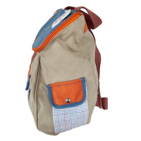 RARE Vintage Russ Berrie Girl Power Cotton Backpack 13 x 8 x 5.5 Khaki/Orange/Blue