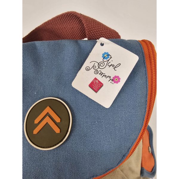 RARE Vintage Russ Berrie Girl Power Cotton Backpack 13 x 8 x 5.5 Khaki/Orange/Blue