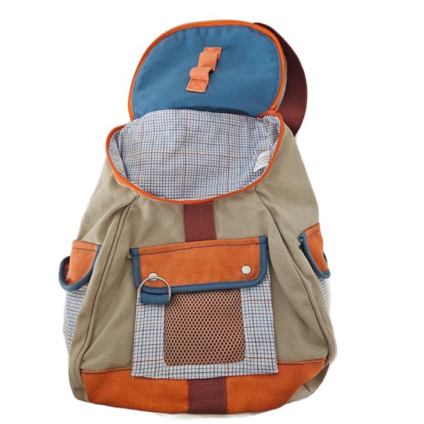 RARE Vintage Russ Berrie Girl Power Cotton Backpack 13 x 8 x 5.5 Khaki/Orange/Blue