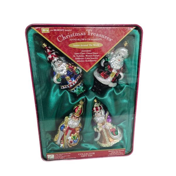The Brass Key Christmas Treasures Santa Around The World Hand Blown Glass Santa Ornaments Collector Tin