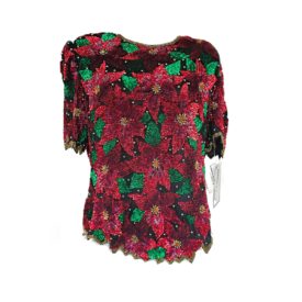 Women’s Vintage 90's Holiday Laurance Kazar Beaded Sequin Poinsettia Top Size XL