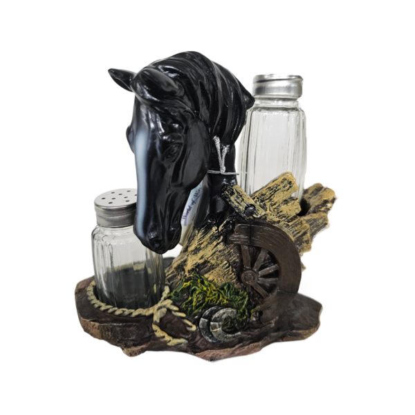 Horse Salt & Pepper Shaker Caddy Farm Country Kitchen Decor “Equine Spice” Black