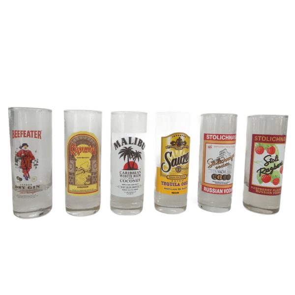 ARC Int'l Shooters Shot Glass Set of 6 Branded Malibu Kahlua Sauza Beefeater Gin Stolichnaya 2 oz.