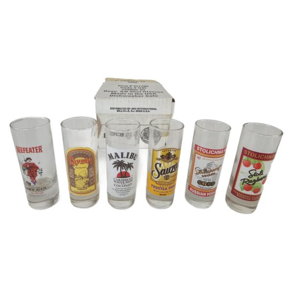 ARC Int'l Shooters Shot Glass Set of 6 Branded Malibu Kahlua Sauza Beefeater Gin Stolichnaya 2 oz.