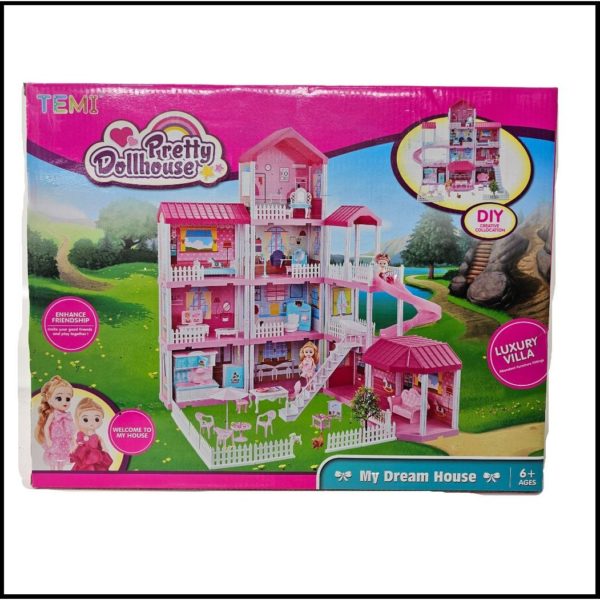 TEMI Dollhouse with 2 Doll Toy Figures, 4-Story 10 Rooms Dollhouse with Accessories and Furniture, Dollhouse Kit Gift for Kids Ages 6+