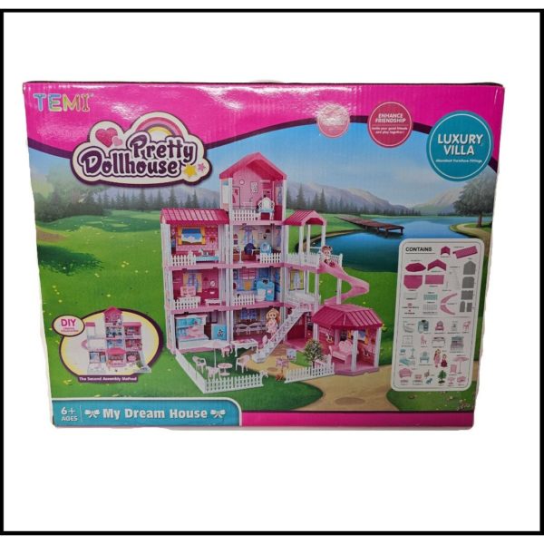 TEMI Dollhouse with 2 Doll Toy Figures, 4-Story 10 Rooms Dollhouse with Accessories and Furniture, Dollhouse Kit Gift for Kids Ages 6+