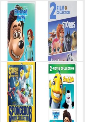 DVD Children's Movies 4 Pack Fun Gift Bundle: Flushed Away, Storks/Smallfoot, The Spongebob Movie Collection, Shark Tale / Flushed Away
