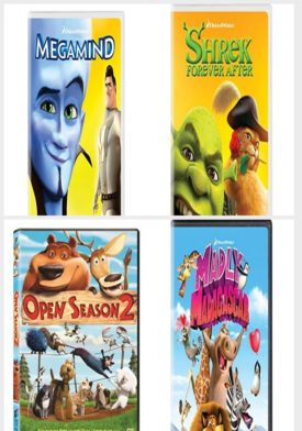 DVD Children's Movies 4 Pack Fun Gift Bundle: Megamind, Shrek Forever After, Open Season 2, Madly Madagascar
