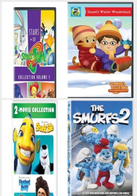 DVD Children's Movies 4 Pack Fun Gift Bundle: Stars of Space Jam Collection Vol. 1, Daniel Tigers Neighborhood: Daniels Winter Wonderland, Shark Tale / Flushed Away, The Smurfs 2