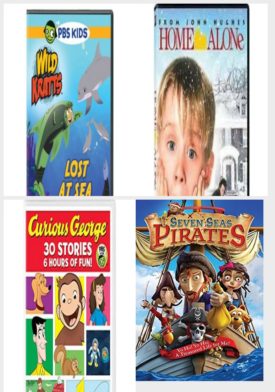 DVD Children's Movies 4 Pack Fun Gift Bundle: Wild Kratts: Lost at Sea, Home Alone 1, Curious George 30-Story Collection, Seven Seas Pirates