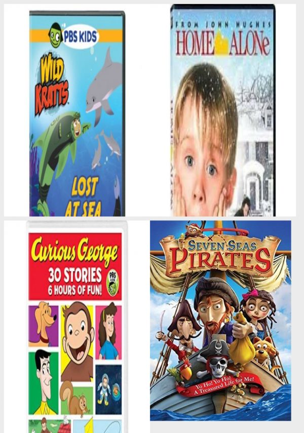 DVD Children's Movies 4 Pack Fun Gift Bundle: Wild Kratts: Lost at Sea, Home Alone 1, Curious George 30-Story Collection, Seven Seas Pirates