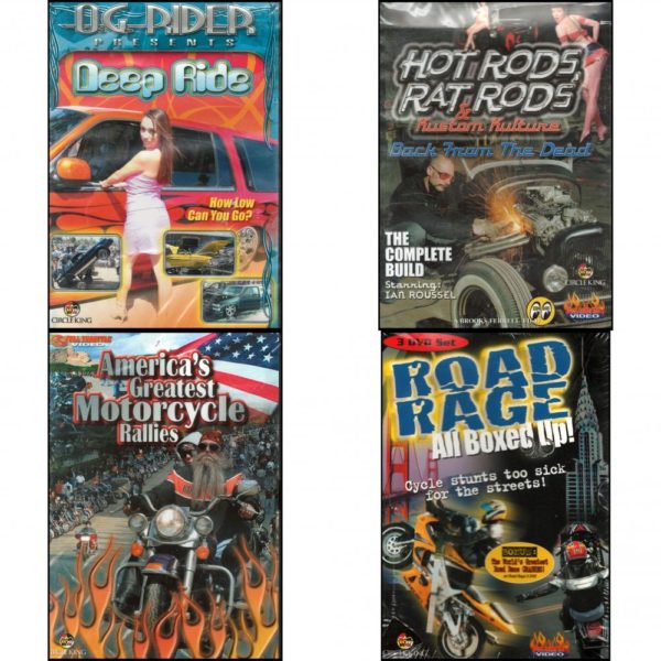 Auto, Truck & Cycle Extreme Stunts & Crashes 4 Pack Fun Gift DVD Bundle: Og Rider: Deep Ride, Hot Rods, Rat Rods & Kustom Kulture: Back from the Dead - The Complete Build, Americas Greatest Motorcycle Rallies, Road Rage: All Boxed Up Vols. 1-3