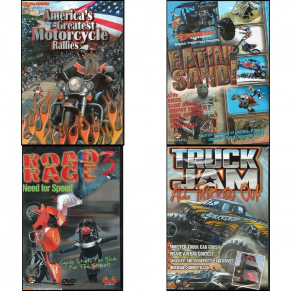 Auto, Truck & Cycle Extreme Stunts & Crashes 4 Pack Fun Gift DVD Bundle: Americas Greatest Motorcycle Rallies, Eatin Sand!, Road Rage Vol. 3 -  Need for Speed, Truck Jam: All Tricked Out