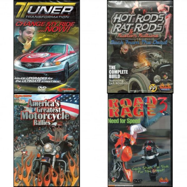 Auto, Truck & Cycle Extreme Stunts & Crashes 4 Pack Fun Gift DVD Bundle: Tuner Transformation: Change My Ride Now, Hot Rods, Rat Rods & Kustom Kulture: Back from the Dead - The Complete Build, Americas Greatest Motorcycle Rallies, Road Rage Vol. 3 -  Need for Speed