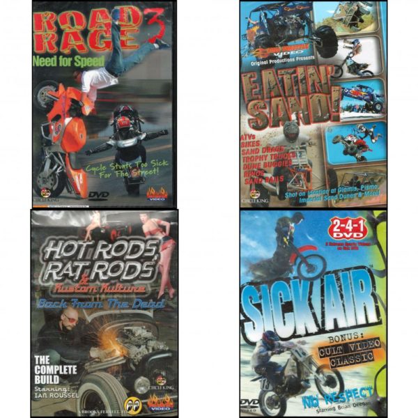 Auto, Truck & Cycle Extreme Stunts & Crashes 4 Pack Fun Gift DVD Bundle: Road Rage Vol. 3 -  Need for Speed, Eatin Sand!, Hot Rods, Rat Rods & Kustom Kulture: Back from the Dead - The Complete Build, Sick Air