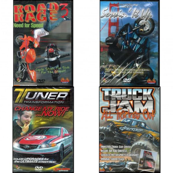 Auto, Truck & Cycle Extreme Stunts & Crashes 4 Pack Fun Gift DVD Bundle: Road Rage Vol. 3 -  Need for Speed, Servin It Up, Tuner Transformation: Change My Ride Now, Truck Jam: All Tricked Out