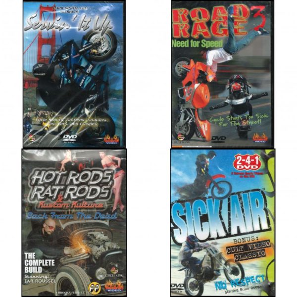 Auto, Truck & Cycle Extreme Stunts & Crashes 4 Pack Fun Gift DVD Bundle: Servin It Up, Road Rage Vol. 3 -  Need for Speed, Hot Rods, Rat Rods & Kustom Kulture: Back from the Dead - The Complete Build, Sick Air