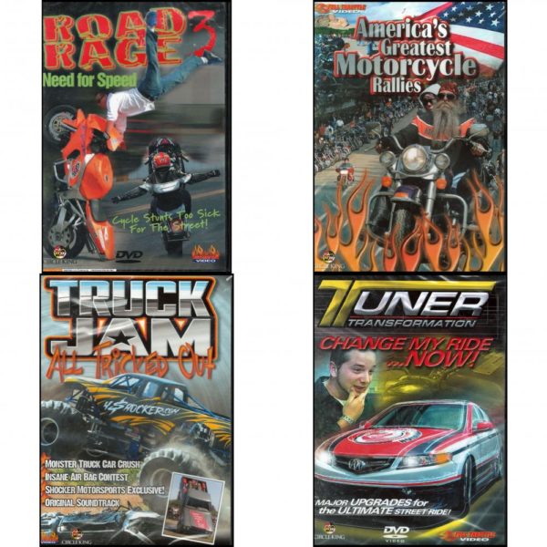 Auto, Truck & Cycle Extreme Stunts & Crashes 4 Pack Fun Gift DVD Bundle: Road Rage Vol. 3 -  Need for Speed, Americas Greatest Motorcycle Rallies, Truck Jam: All Tricked Out, Tuner Transformation: Change My Ride Now