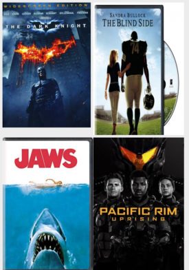 DVD Assorted Movies 4 Pack Fun Gift Bundle: The Dark Knight, The Blind Side, Jaws, Pacific Rim Uprising