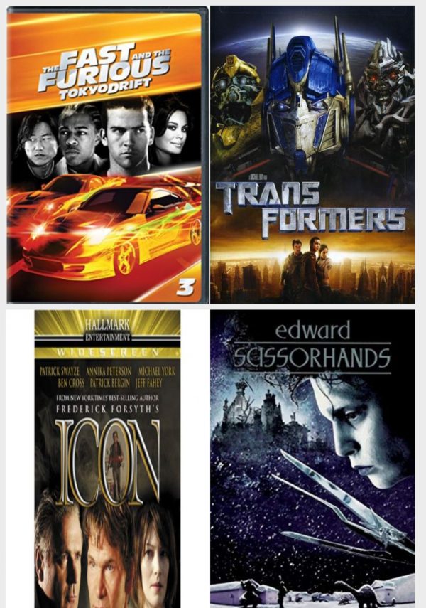 DVD Assorted Movies 4 Pack Fun Gift Bundle: The Fast and the Furious: Tokyo Drift - The Fate of the Furious Fandango Cash Version, Transformers, Icon, Edward Scissorhands