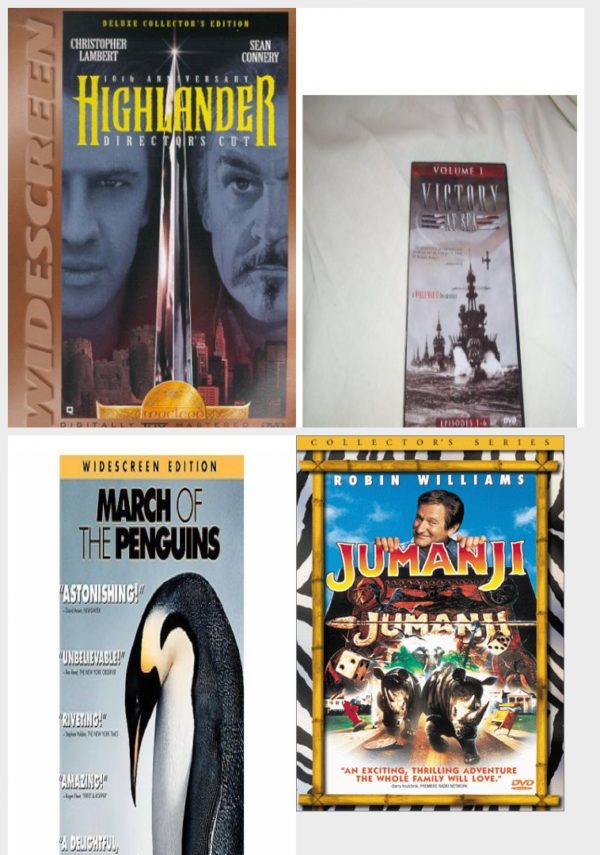 DVD Assorted Movies 4 Pack Fun Gift Bundle: Highlander, Victory At Sea Volume 1, MARCH OF THE PENGUINS, Jumanji