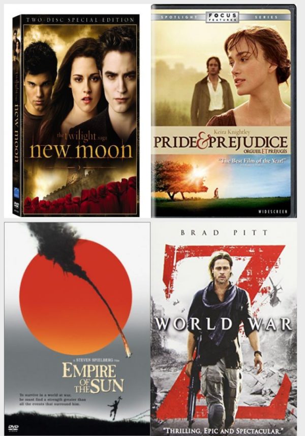 DVD Assorted Movies 4 Pack Fun Gift Bundle: The Twilight Saga: New Moon, Pride & Prejudice, Empire of the Sun, World War Z