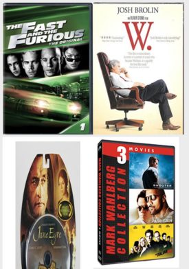 DVD Assorted Movies 4 Pack Fun Gift Bundle: The Fast and the Furious, W., Jane Eyre, Mark Wahlberg 3-Movie Collection