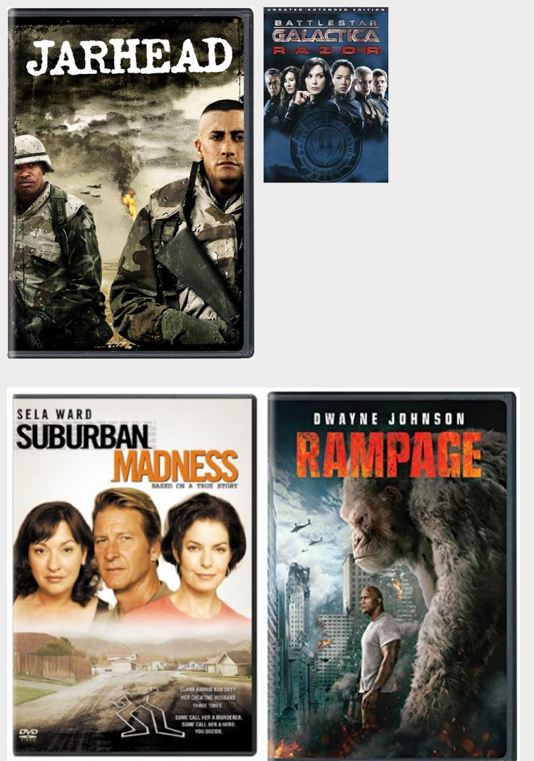 DVD Assorted Movies 4 Pack Fun Gift Bundle: Jarhead, BATTLESTAR GALACTICA -  RAZOR, Suburban Madness, Rampage - Nokomis Bookstore & Gift Shop