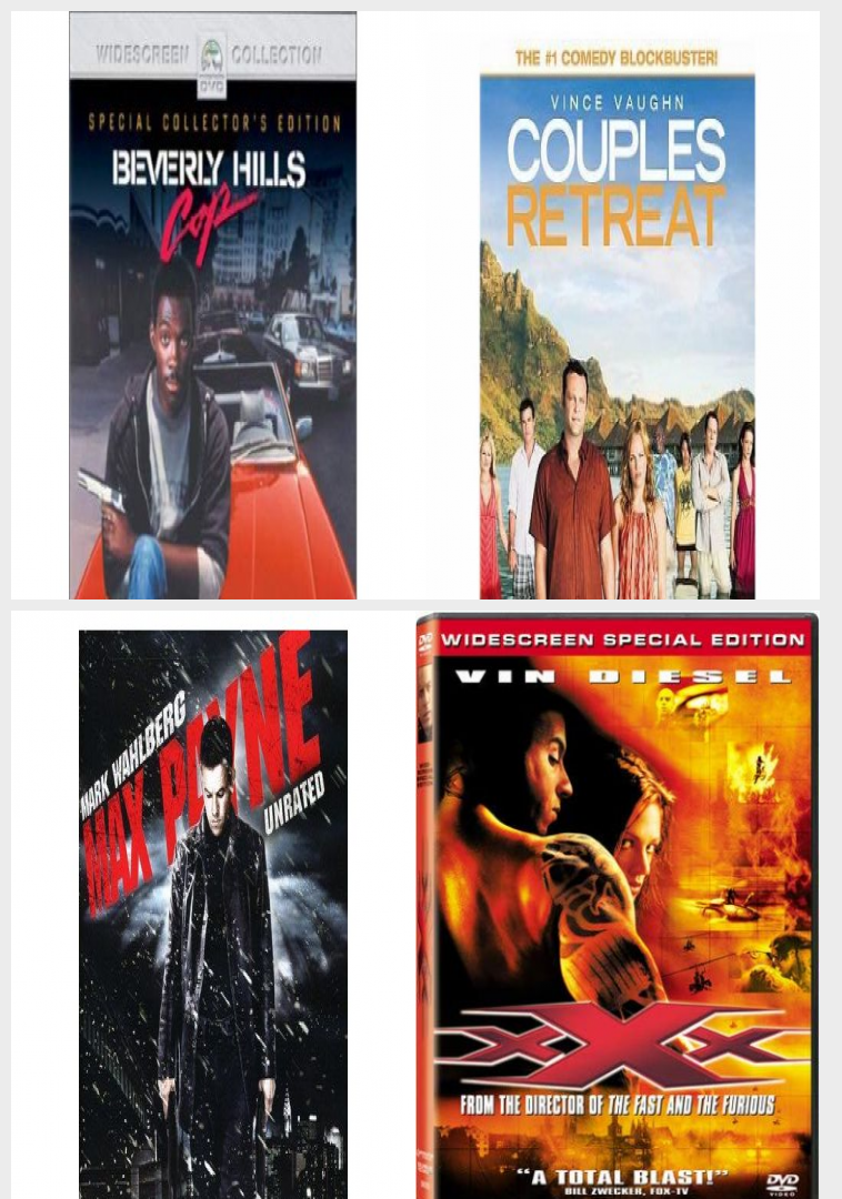 DVD Assorted Movies 4 Pack Fun Gift Bundle: Beverly Hills Cop, Couples  Retreat, Max Payne, XXX - Nokomis Bookstore & Gift Shop