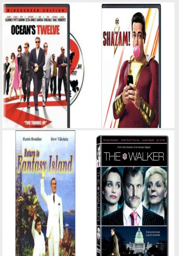 DVD Assorted Movies 4 Pack Fun Gift Bundle: OCEANS TWELVE MOVIE, Shazam!, Return to Fantasy Island, The Walker