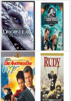 DVD Assorted Movies 4 Pack Fun Gift Bundle: Dragonheart: Vengeance, Jurassic World: Fallen Kingdom, Die Another Day, Rudy