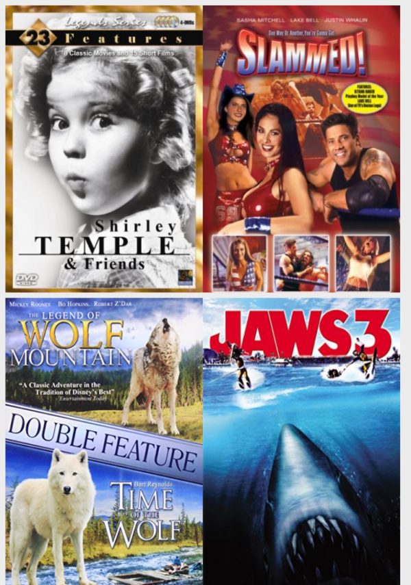 DVD Assorted Movies 4 Pack Fun Gift Bundle: Shirley Temple & Friends, Slammed!, Time of the Wolf / Legend of Wolf Mountain, Jaws 3