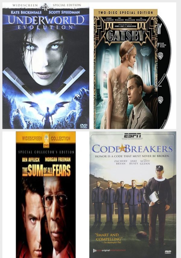 DVD Assorted Movies 4 Pack Fun Gift Bundle: Underworld: Evolution, The Great Gatsby, The Sum of All Fears, Code Breakers