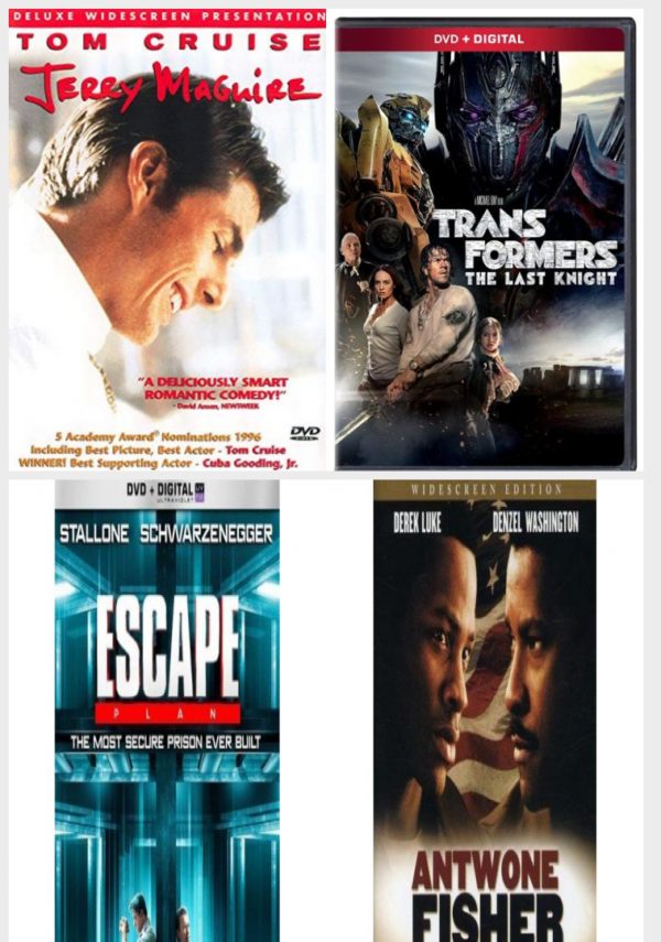 DVD Assorted Movies 4 Pack Fun Gift Bundle: Jerry Maguire, Transformers: The Last Knight, Escape Plan, Antwone Fisher