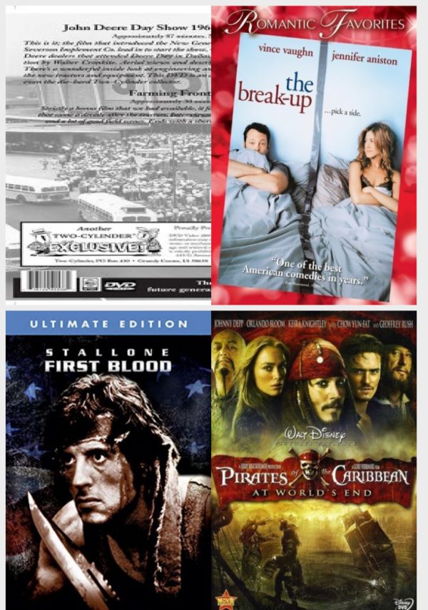 DVD Assorted Movies 4 Pack Fun Gift Bundle: John Deere Plow Day, The Break-Up, First Blood, At The Movies Pirates of the Caribbean