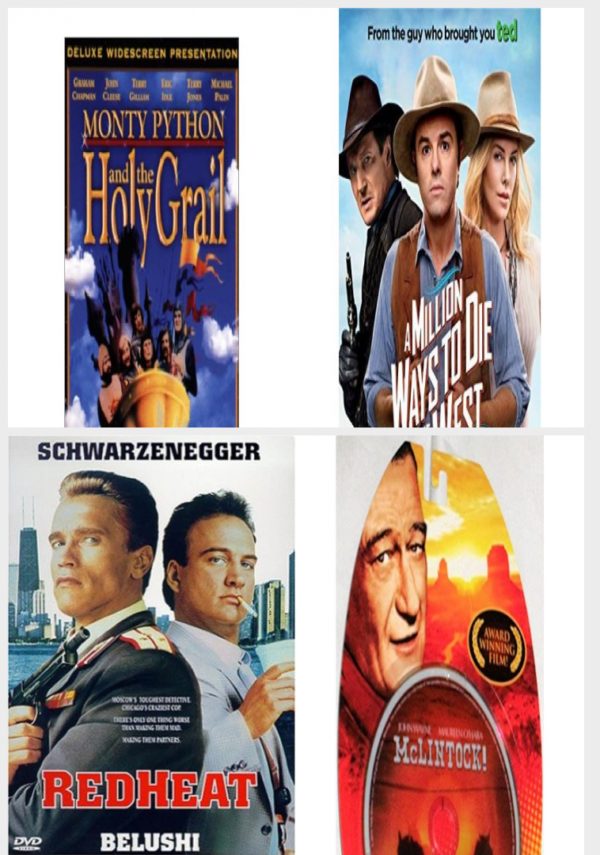DVD Assorted Movies 4 Pack Fun Gift Bundle: Monty Python and the Holy Grail, A Million Ways to Die in the West, Red Heat, McLintock!