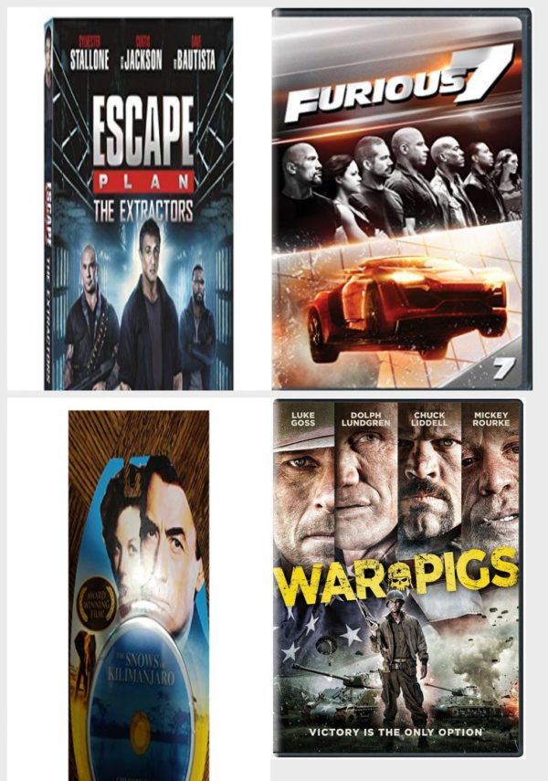 DVD Assorted Movies 4 Pack Fun Gift Bundle: Escape Plan: The Extractors, Furious 7, The Snows of Kilimanjaro, War Pigs