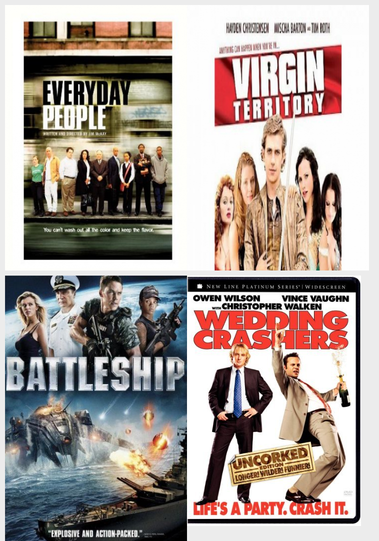 DVD Assorted Movies 4 Pack Fun Gift Bundle: Everyday People, STARZ/SPHE VIRGIN  TERRITORY, Battleship, Wedding Crashers - Nokomis Bookstore & Gift Shop