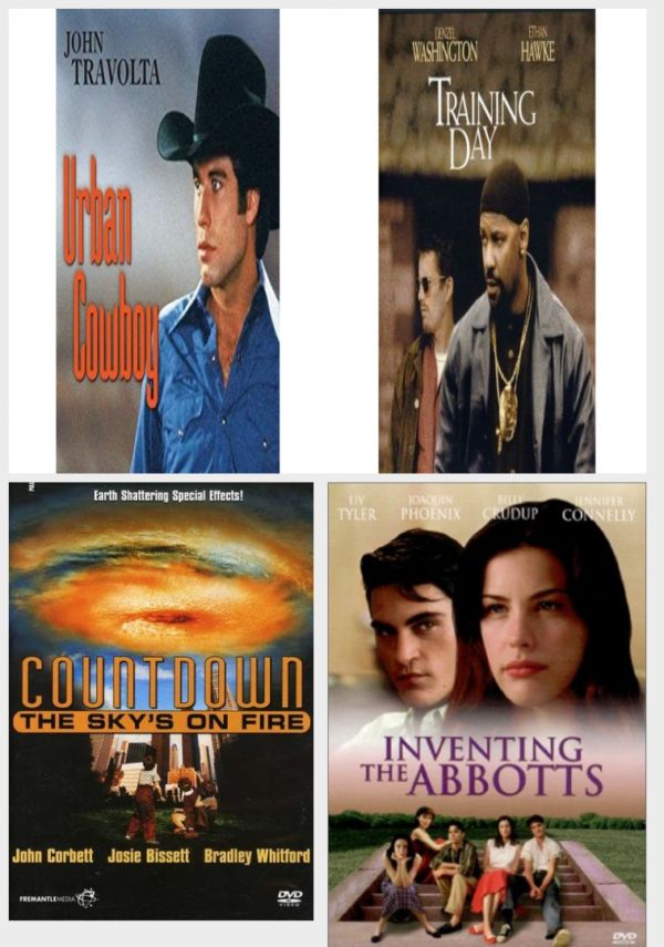 DVD Assorted Movies 4 Pack Fun Gift Bundle: Urban Cowboy, Training Day, Countdown The Skys On Fire, Inventing the Abbotts