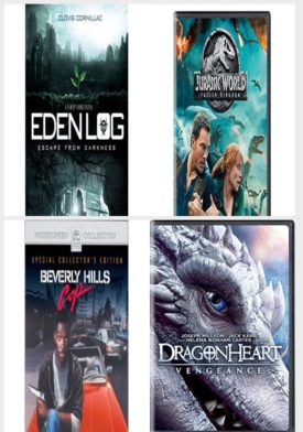 DVD Assorted Movies 4 Pack Fun Gift Bundle: Eden Log, Jurassic World: Fallen Kingdom, Beverly Hills Cop, Dragonheart: Vengeance