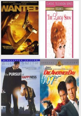 DVD Assorted Movies 4 Pack Fun Gift Bundle: Wanted, The Lucy Show V.3, THE PURSUIT OF HAPPYNESS, Die Another Day