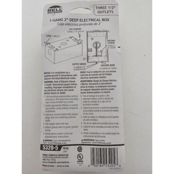 BELL 5320-5 Weatherproof Box Three 1/2 in. Threaded Outlets, 1-Gang, Gray