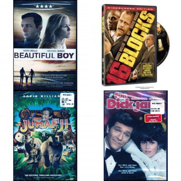 DVD Assorted Movies 4 Pack Fun Gift Bundle: Beautiful Boy  16 Blocks Widescreen Edition  Jumanji  Fun with Dick and Jane