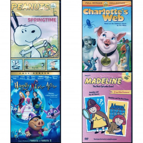 DVD Children's Movies 4 Pack Fun Gift Bundle: Peanuts by Schulz: Springtime - 15 All New Shorts  Charlotte's Web 1973  Happily N'ever After Full Screen Edition  Madeline - The Best Episodes Ever - Madeline and the 40 Thieves/Madeline and the New House Vol. 2