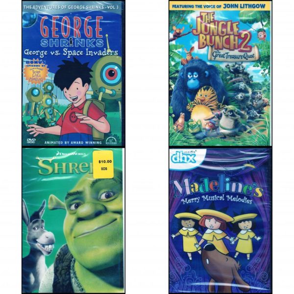 DVD Children's Movies 4 Pack Fun Gift Bundle: George Shrinks Vol. 3: George Vs. Space Invaders  The Jungle Bunch 2: The Great Treasure Quest  Shrek  Madeline's Merry Musical Melodies