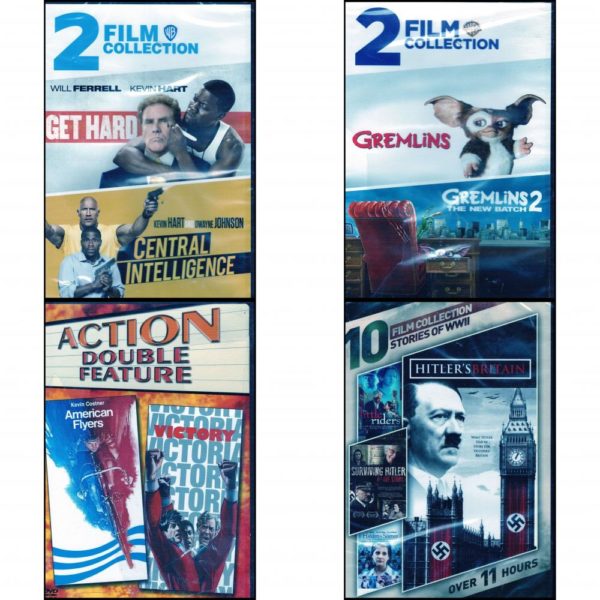 DVD Assorted Multi-Feature Movies 4 Pack Fun Gift Bundle: Get Hard/Central Intelligence  Gremlins 1&2  American Flyers/Victory  10-Film Collection: Stories of WWII