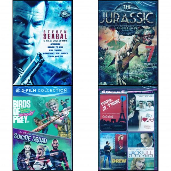 DVD Assorted Multi-Feature Movies 4 Pack Fun Gift Bundle: Steven Segal 5-Film Collection - Attrition, Driven to Kill, Kill Switch, Mercenary for Justice, Today You Die  7-Movie Jurassic Collection  Birds of Prey/Suicide Squad 2 Pack Bundle  Four Movies in One: Romantic Comedy Paris Je T'Aime / The Truth About Love / My Date with Drew / Jack and Jill vs. The World